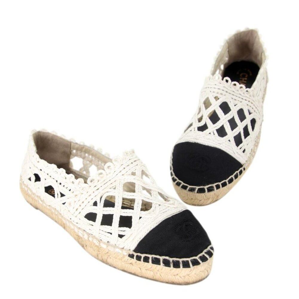 Chanel Espadrille 37 Woven Fabric Grosgrain Cc Cap-toe Flats CC-S0207P-C036
